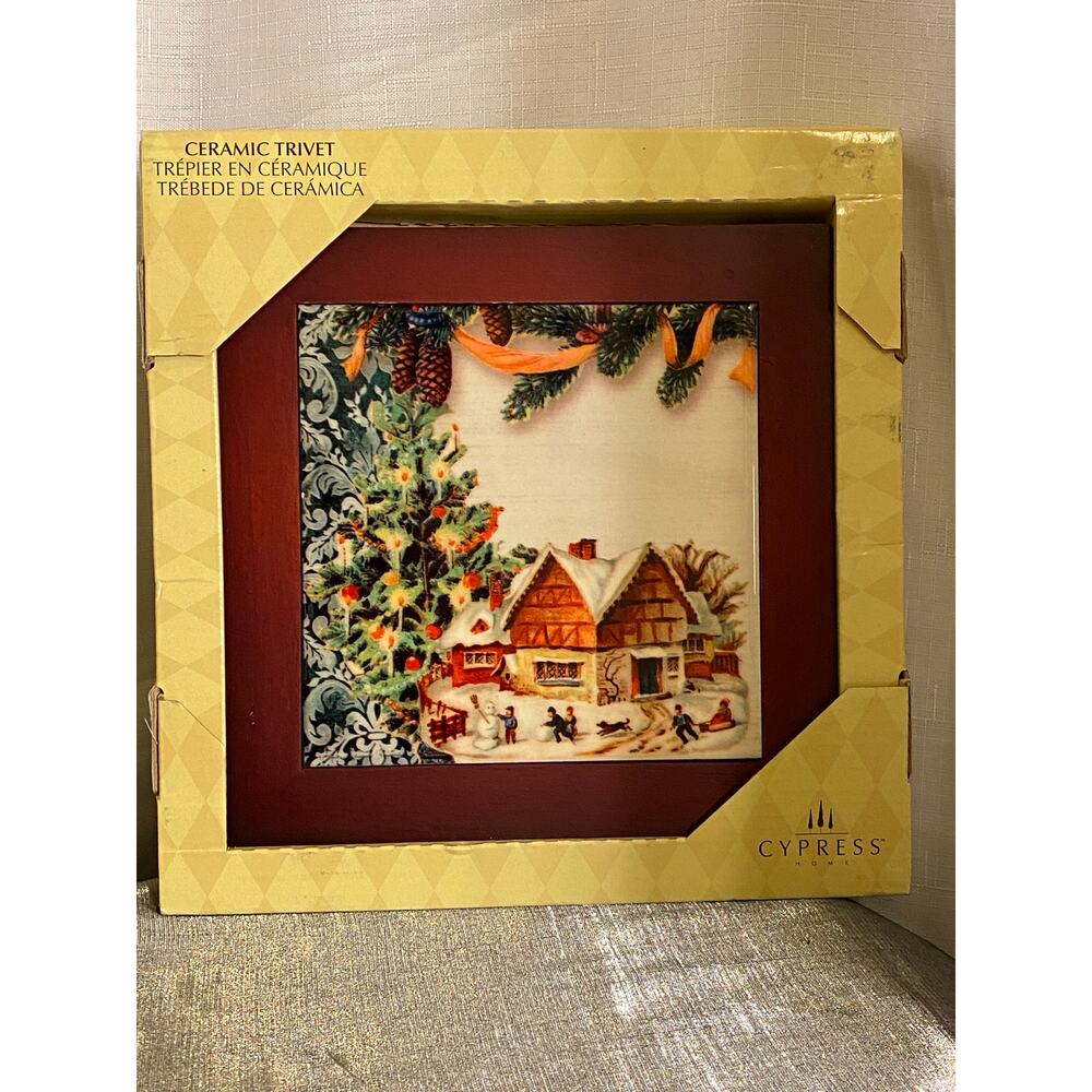 Cypress Home Ceramic Trivet Holiday Snow Scene by Audrey J Roberts 8" x 8" NIB